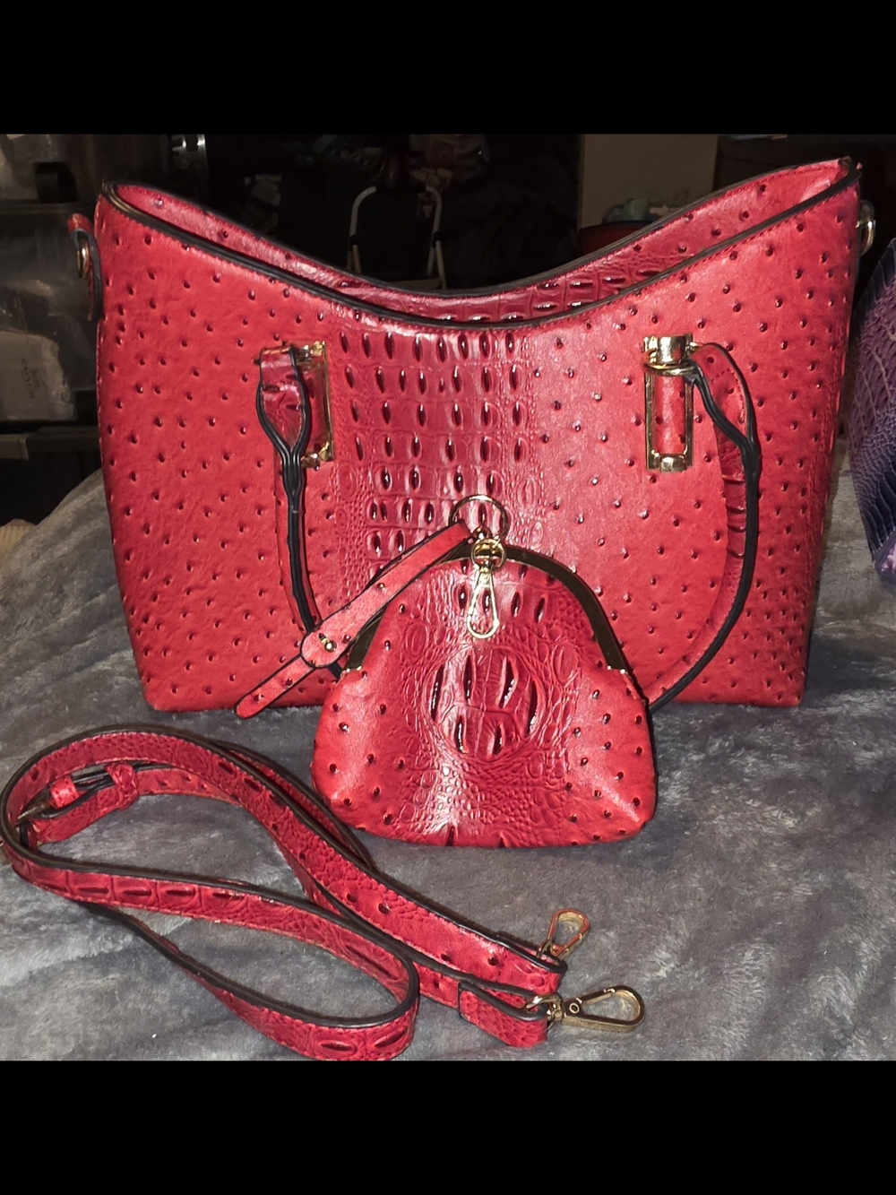 NWOT Red Textured Faux-Ostrich Shoulder Bag with Clutch / Pouch